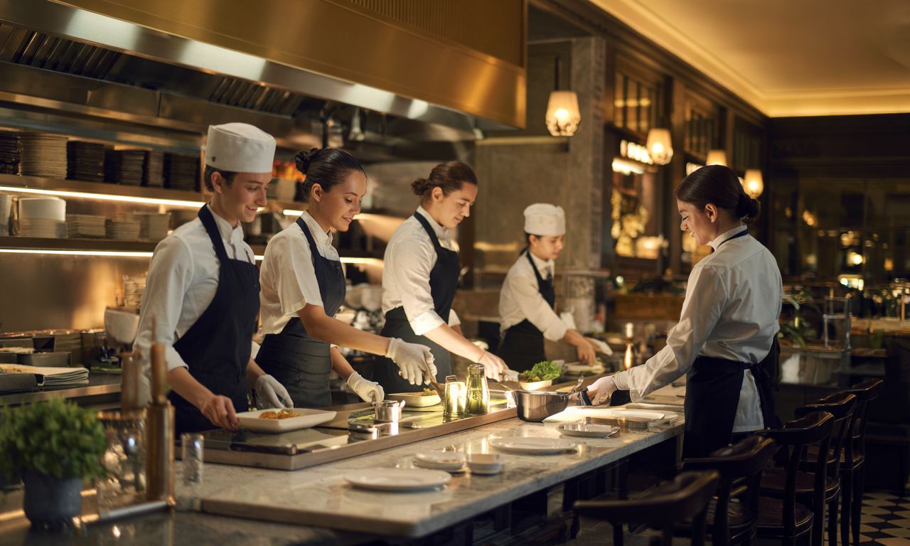 Kitchen brigade working the pass during service — labour cost benchmarks and productivity metrics