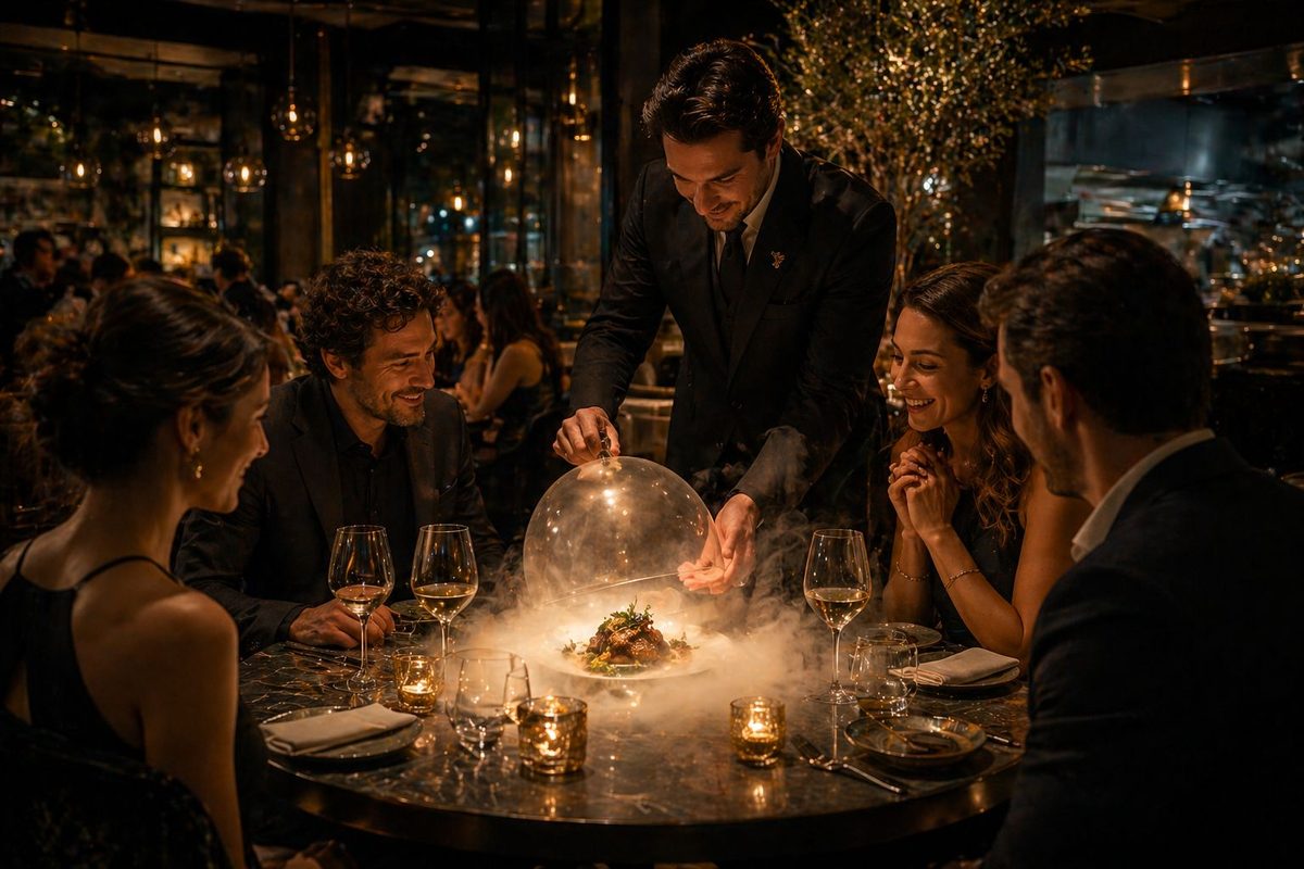 Restaurant service moment between staff and guest — service design and hospitality storytelling