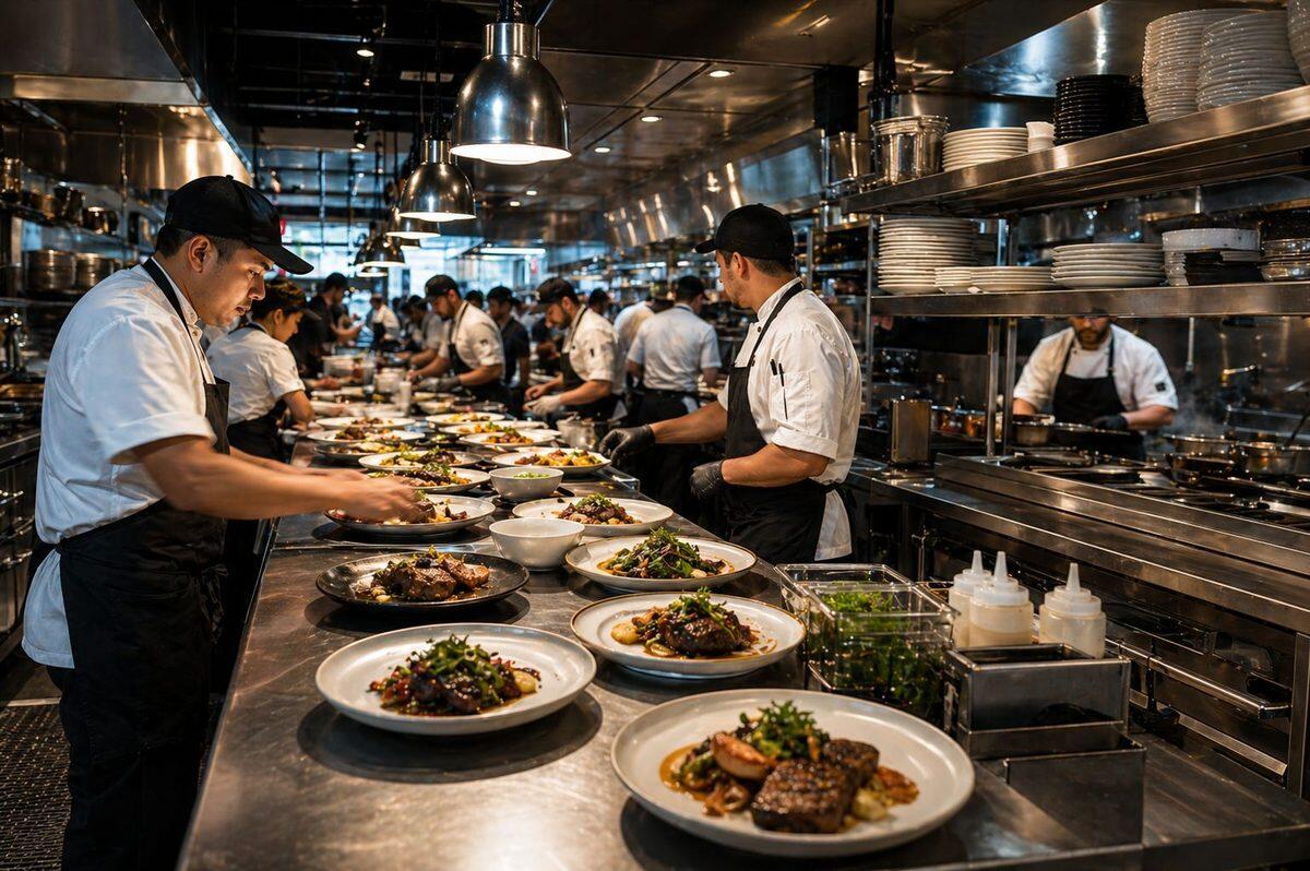 High-volume restaurant kitchen during service — throughput engineering and capacity management
